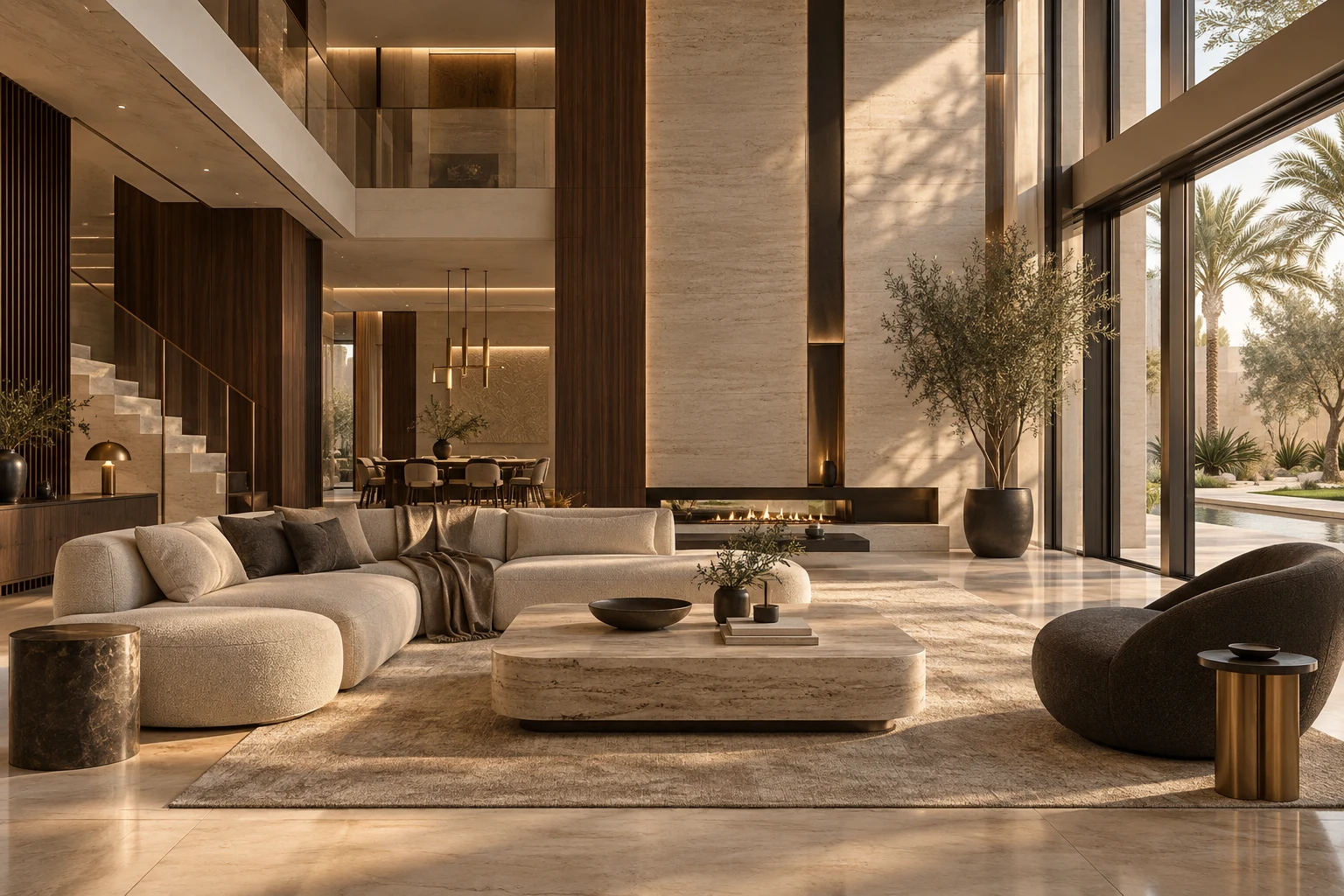 3D concept render of a villa living room with travertine, walnut and bronze finishes